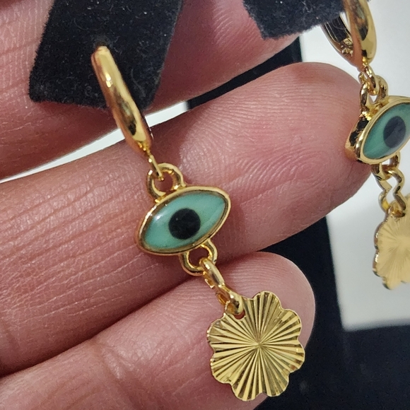 Gold Filled Huggie Evil Eye Dangle Earrings - Picture 3 of 7